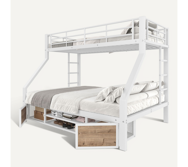 Lit Superposé 90x200/140x200 Blanc Avec Rangement Et Armoire à Chaussures