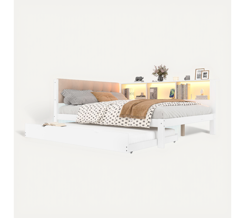 Lit Gigogne 140x200 Cm Avec Canapé-lit, LED, étagères Et USB