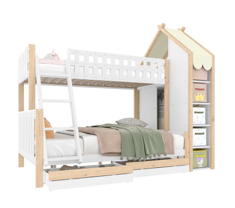 Lit Superposé 90x200 + 140x200 Cm Avec Rangements Et Style Maison