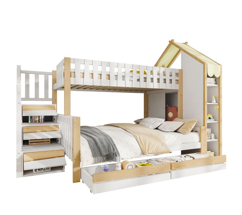 Lit Superposé 90x200 + 140x200cm Avec Rangements Et Maison, Blanc/naturel