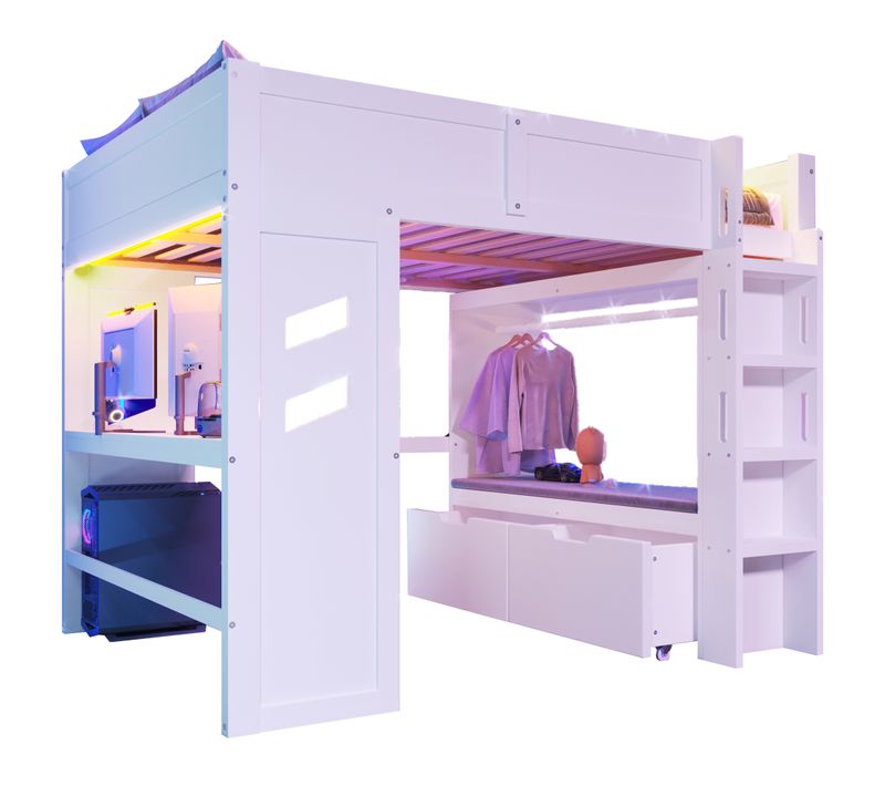 Lit Mezzanine 140x200cm Gaming Avec Bureau, LED Et Ports USB/type-c, Blanc