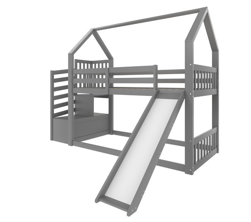 Lit Superposé 90x200cm Avec Toboggan Et Rangement, Style Cabane, Gris