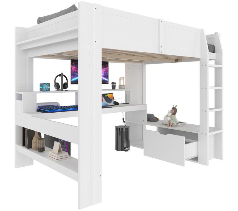 Lit Mezzanine Gaming 140x200cm Avec Bureau, LED Et Rangements, Blanc