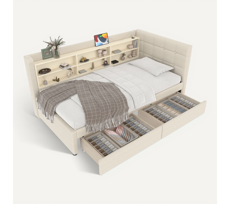 Lit Enfant 90x200cm Avec Tiroirs Et Ports USB + Type-c, Beige