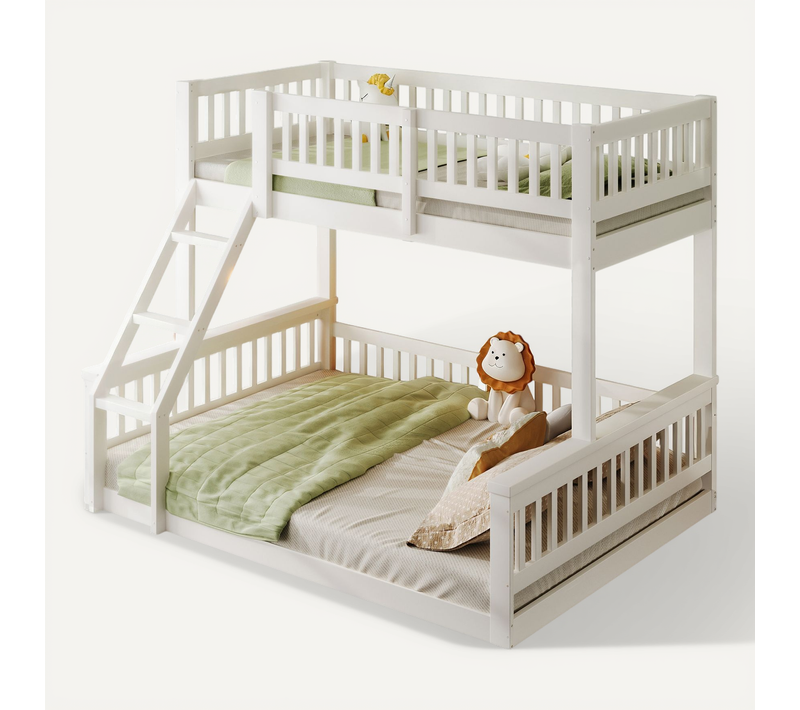 Lit Superposé 90x200 + 140x200 Cm En Bois Massif Blanc Avec échelle Et Barrières