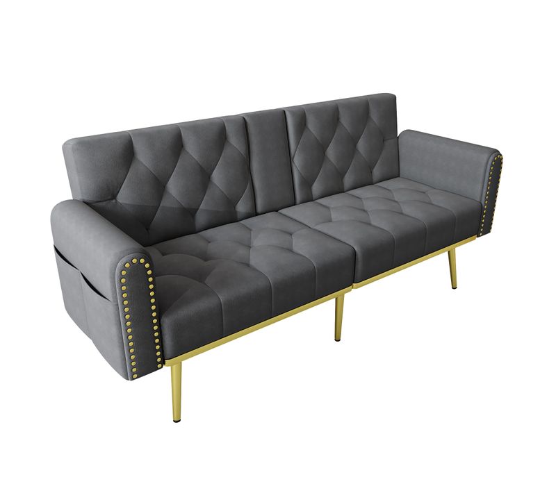 Canapé-lit Double Pliant En Velours Avec 3 Inclinaisons Et Porte-gobelets Gris