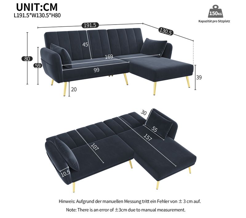 Canapé-lit L-forme Modulable En Velours Avec Fonction Couchage Et Rangement