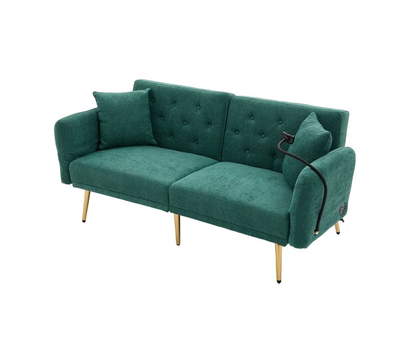 Canapé-lit 2 Places Vert Avec USB, Tissu Doux Et Rangement Intégré