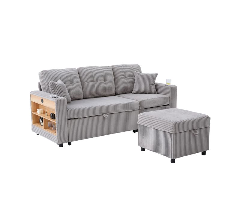 Sofa Modulable Khaki Avec Chaiselongue, 2 Places, Cordon Doux Et Accessoires