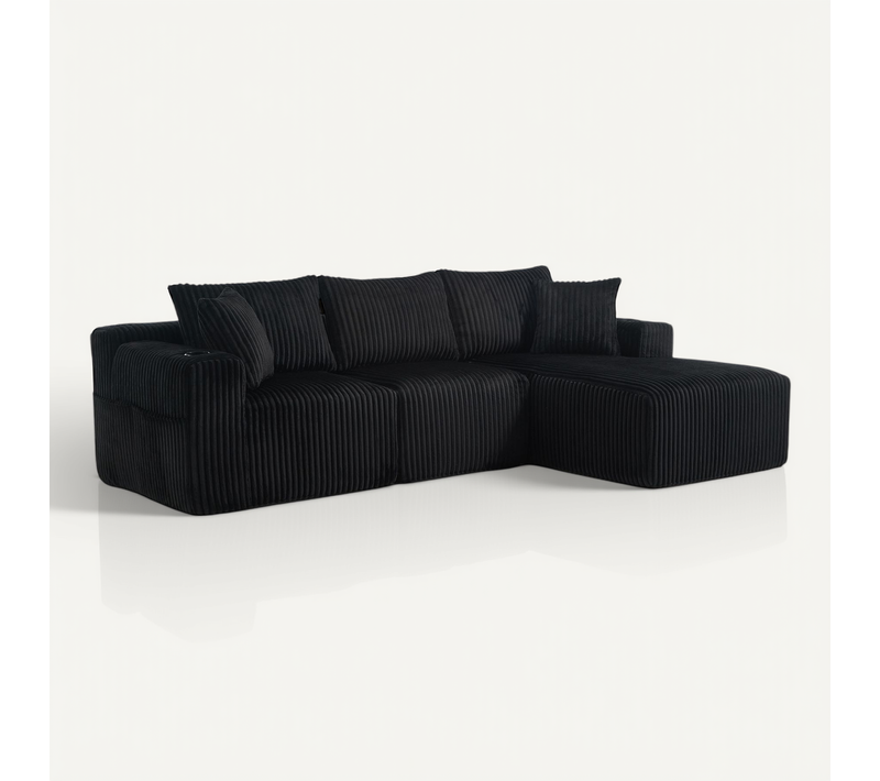 Canapé Modulable Noir Avec Chaiselongue, 2 Places, Cordon Doux Et Accessoires
