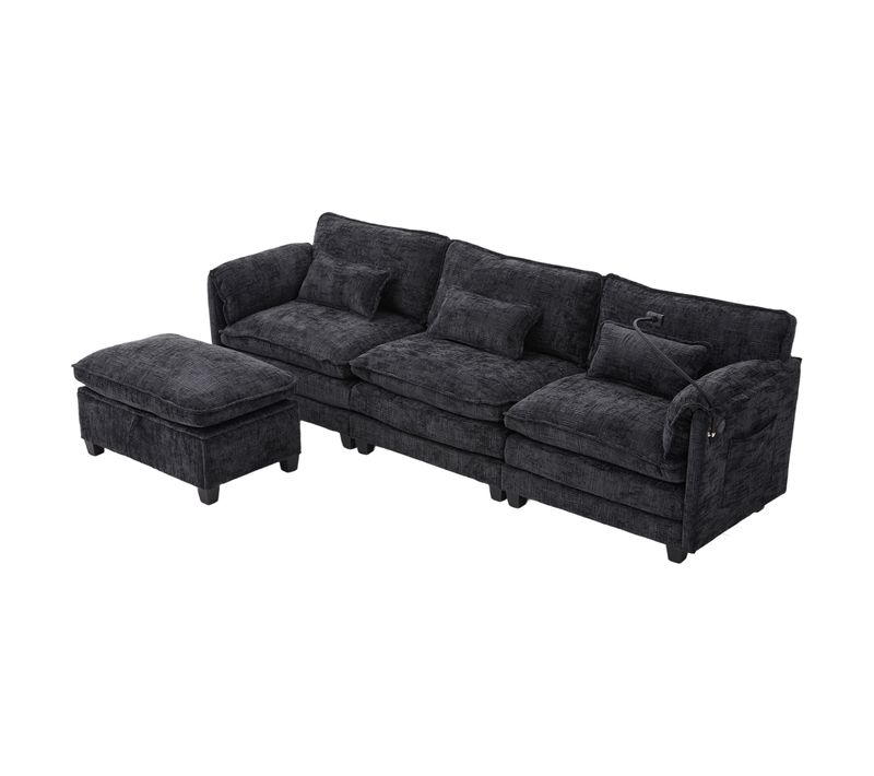 Canapé 3 Places Noir En Chenille Avec USB, Memory Foam Et Hocker Modulable