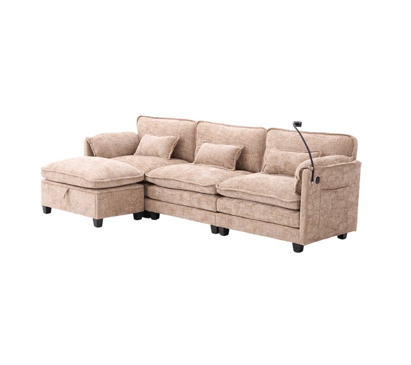 Canapé 3 Places Khaki En Chenille Avec USB, Memory Foam Et Hocker Modulable