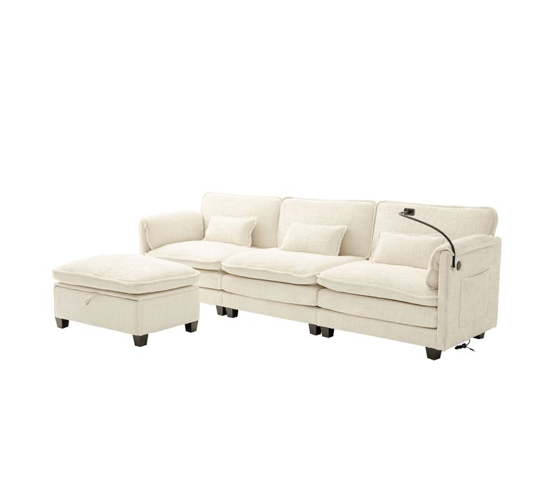 Canapé 3 Places Beige En Chenille Avec USB, Memory Foam Et Hocker Modulable