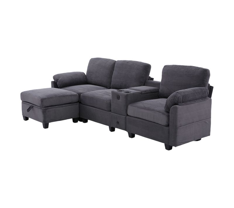 Grand Canapé Gris Foncé En Velours Côtelé Avec Mémoire De Forme Et Ottoman Modulable