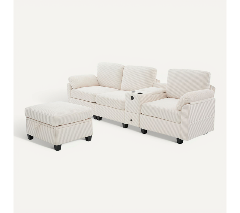 Grand Canapé Beige En Velours Côtelé Avec Memory Foam Et Pouf Modulable