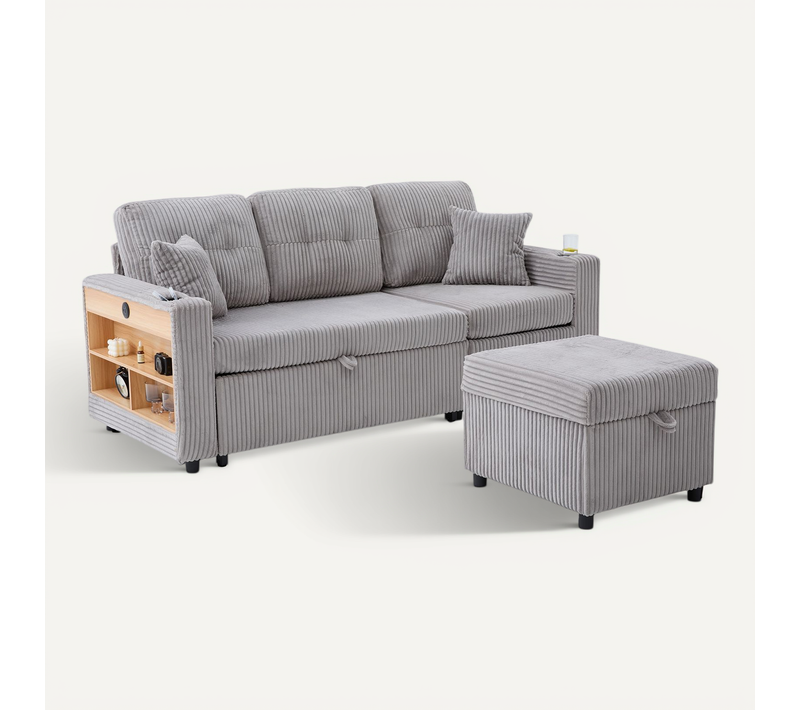 Canapé En Corduroy Avec Lit Escamotable Et Rangement – USB-c Et LED, Gris Clair