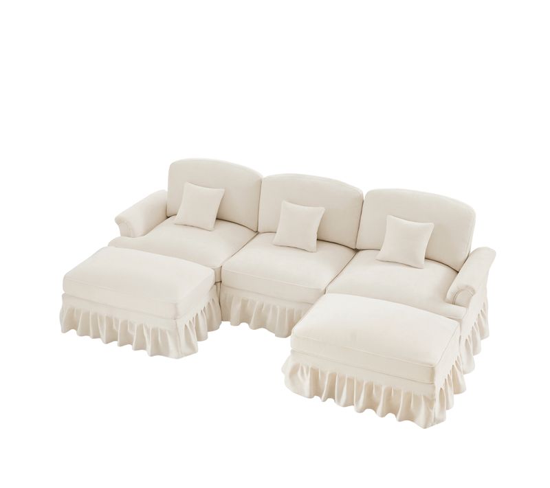 Canapé Modulable U En Chenille Blanc Avec Hocker Et Volant Amovible