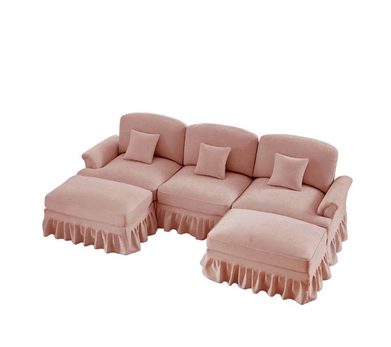 Canapé Modulable U En Chenille Rose Avec Hocker Et Volant Amovible