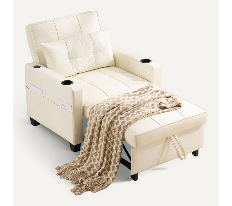 Fauteuil Convertible, 1 Place 3-en-1 Avec Accoudoirs, Porte-gobelets Et Port USB, Blanc