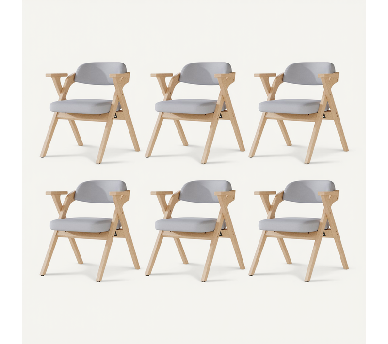 Chaises Pliantes En Bois Massif Avec Coussin En Lin Gris, Lot De 6