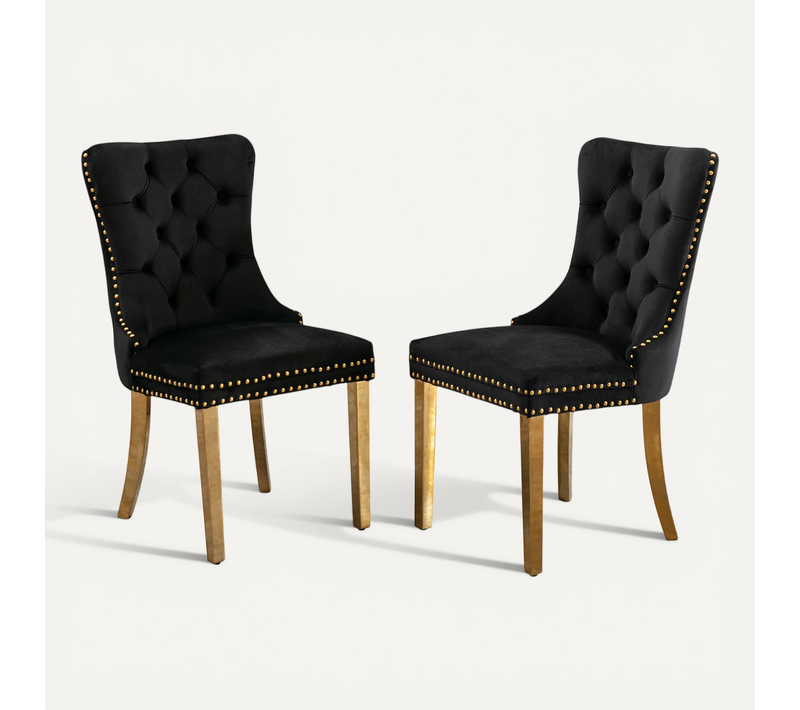 Chaises De Salle à Manger En Velours Noir Avec Pieds Plaqués Or Et Rivets, 2 Pièces