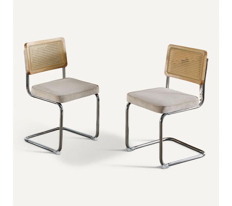 Chaises Mid-century Modern Velours Beige Avec Dossier Rotin Naturel, 2 Pièces