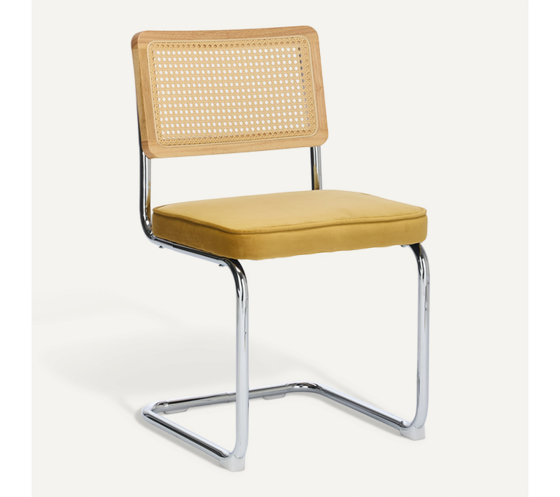 Chaises Mid-century Modern Velours Jaune Avec Dossier Rotin Naturel, 2 Pièces