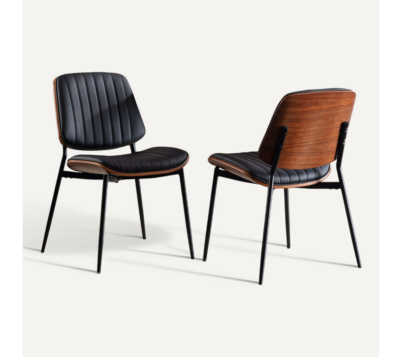 Chaises Mid-century Modern 2 Pièces Simili Noir Avec Dossier Bois Courbé