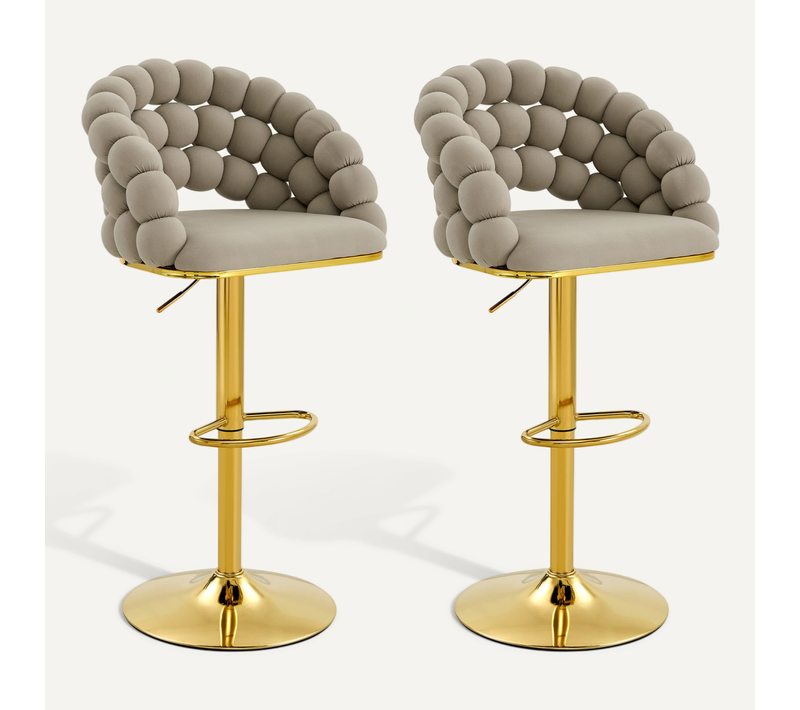 Lot De 2 Tabourets De Bar Gris En Velours, Dossier Chaînes, Pieds Dorés Réglables
