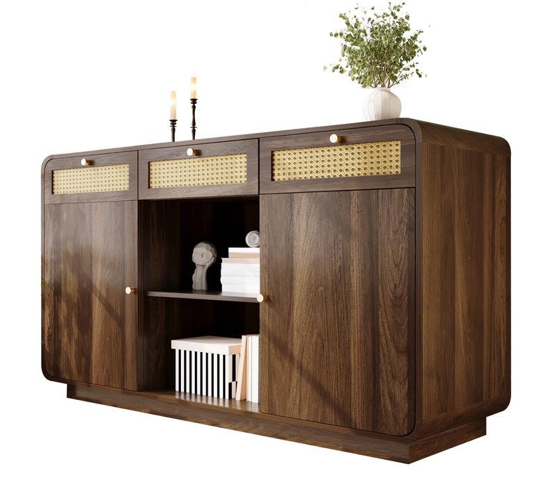 Buffet 120 Cm En Noyer Avec Rotin, Poignées Dorées Et Rangements Multiples