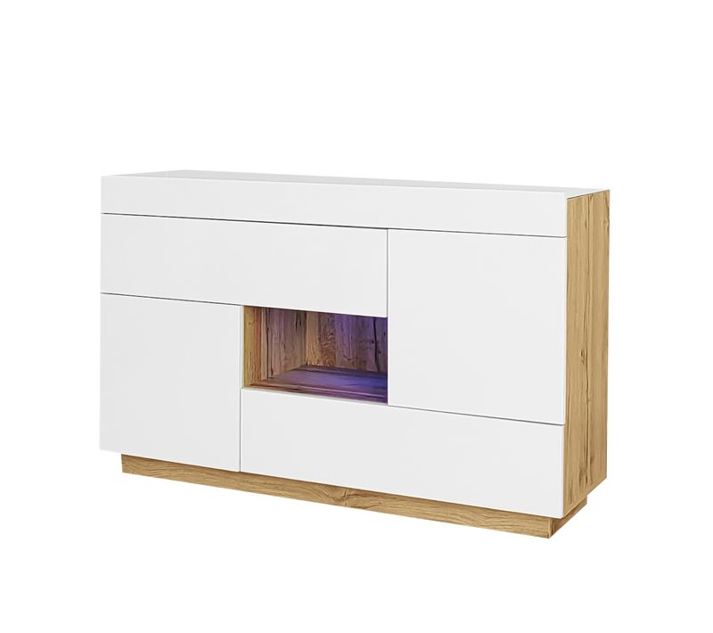 Buffet Blanc Brillant Avec LED Multicolore Et Tiroirs 120×76,5×37 Cm