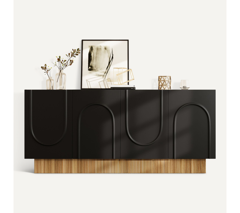 Buffet Moderne 4 Portes Noir Mat Et Bois 160×75×38 Cm