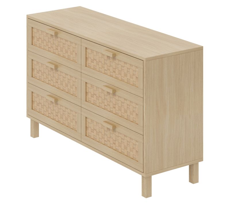 Commode élégant En Bois Naturel Avec 6 Tiroirs Effet Rotin – Rangement Pratique
