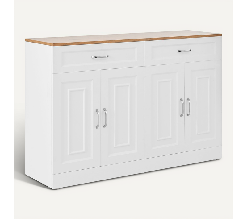 Buffet Moderne 120 Cm Avec Tiroirs Et Portes, Bois Naturel Et Blanc