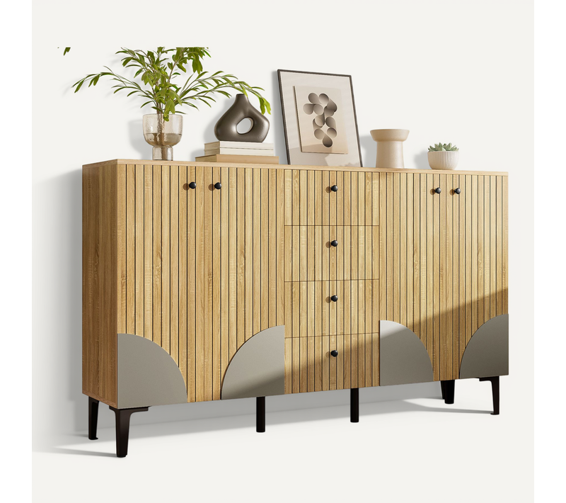Buffet 4 Portes Et 4 Tiroirs En Bois Clair 160x36x94 Cm Pour Salon, Salle à Manger Et Entrée