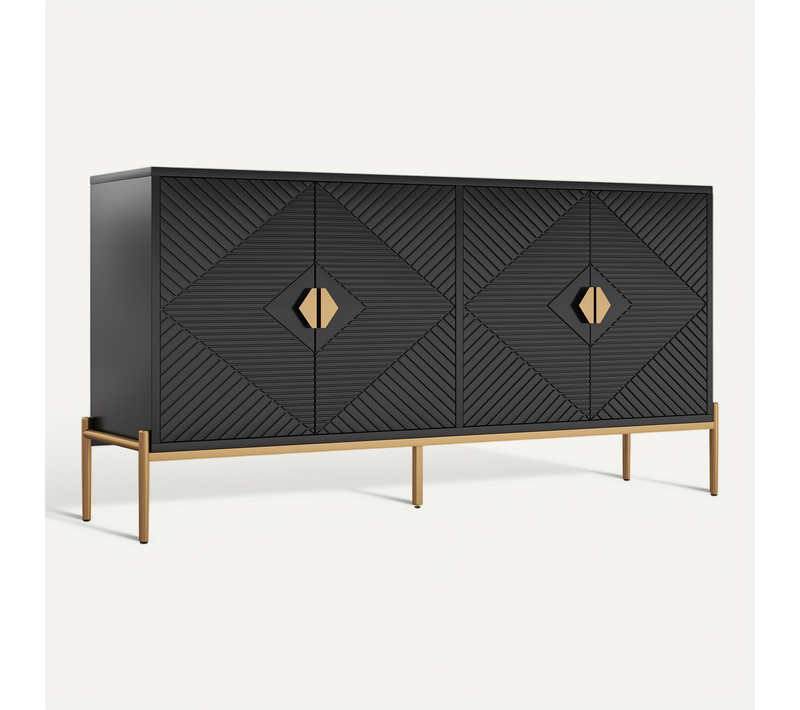 Buffet Noir 162 Cm à 4 Portes Avec Motifs Géométriques, Poignées Dorées Et Pieds Métal