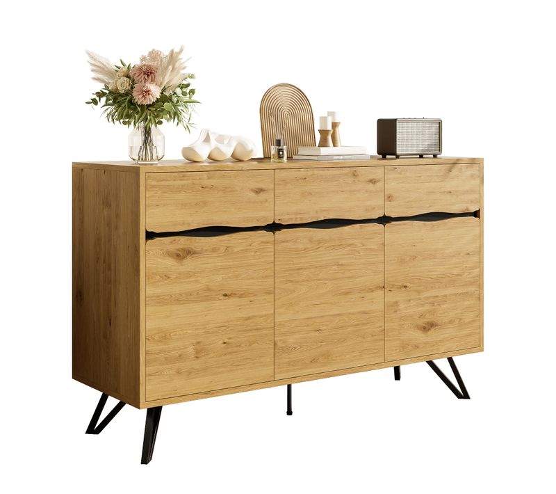 Buffet 140 Cm En Bois Naturel à 3 Portes Avec Pieds Métal, Meuble De Rangement Moderne