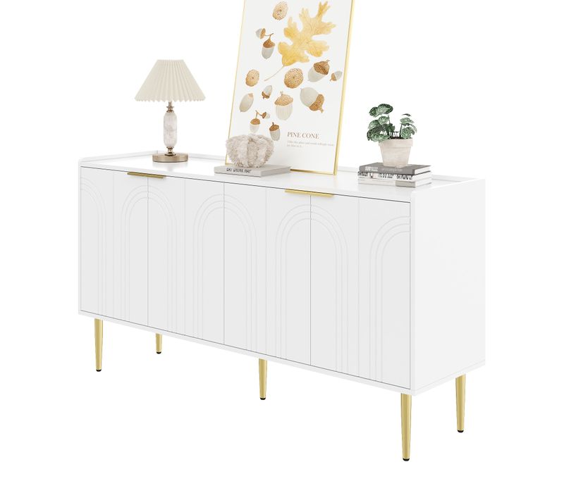 Buffet 140 Cm En Blanc Avec Portes Bombées Et Pieds Dorés En Métal, Style Luxe Moderne