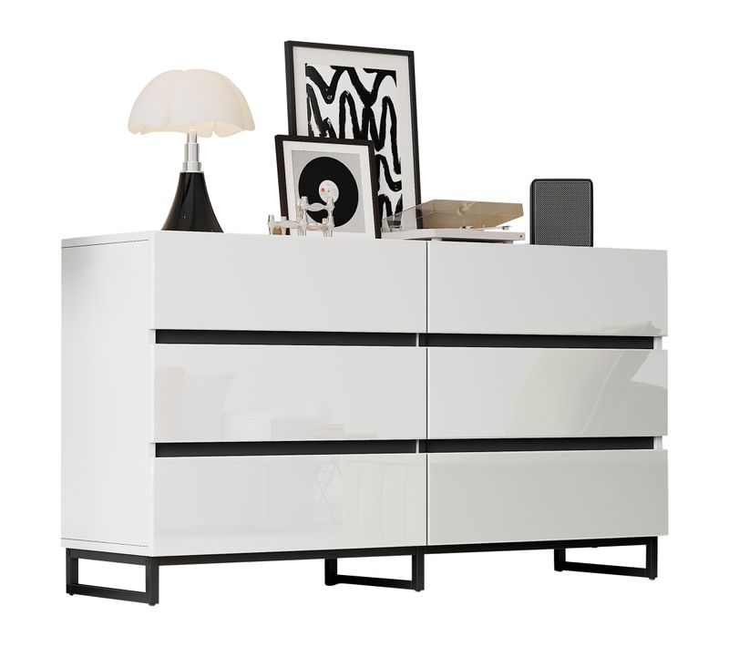 Commode Blanc 140 Cm Avec 6 Tiroirs Et Pieds Métalliques Stables