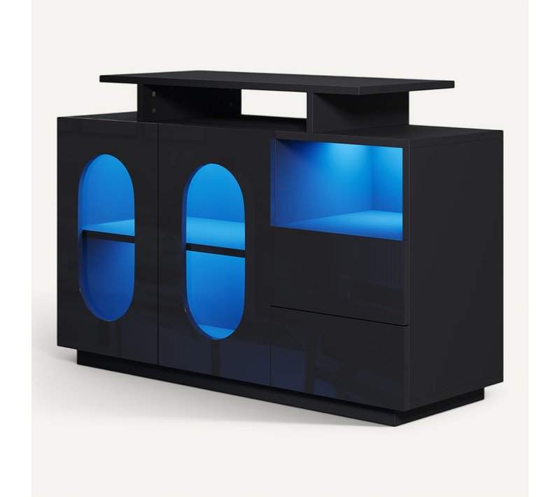 Buffet LED Noir Avec Portes Ovales En Verre Et Rangements Modulables – Design Moderne