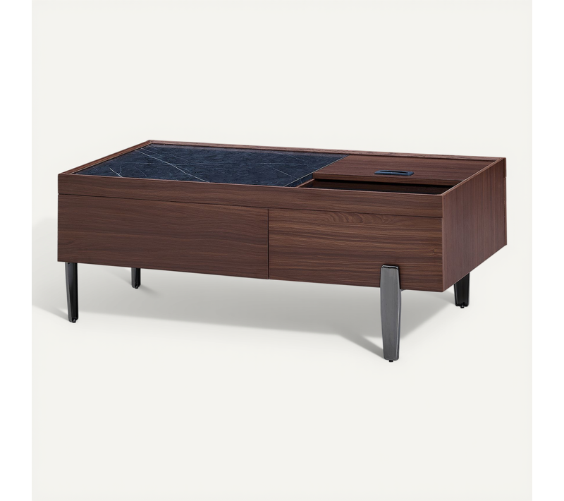 Table Basse Moderne Avec Tiroirs, Plateau En Verre Et Pieds Métalliques, 105x50x41,5 Cm