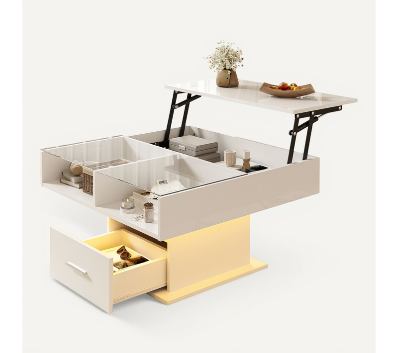 Table Basse Relevable LED 78x78 Cm, Hauteur Réglable Et Rangement Flexible, Blanc