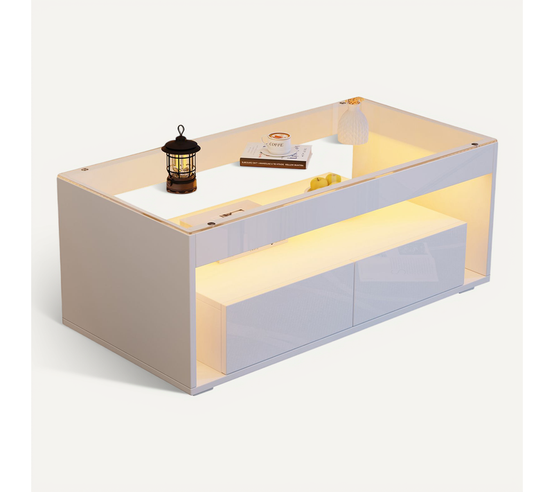 Table Basse 100x50x40 Cm LED Blanche Avec 2 Tiroirs Et Plateau En Verre