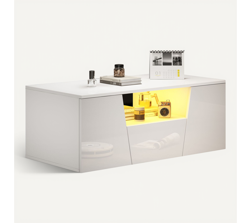 Table Basse 100x50x40 Cm Blance Avec LED, 2 Armoires Et Tiroir, Noir