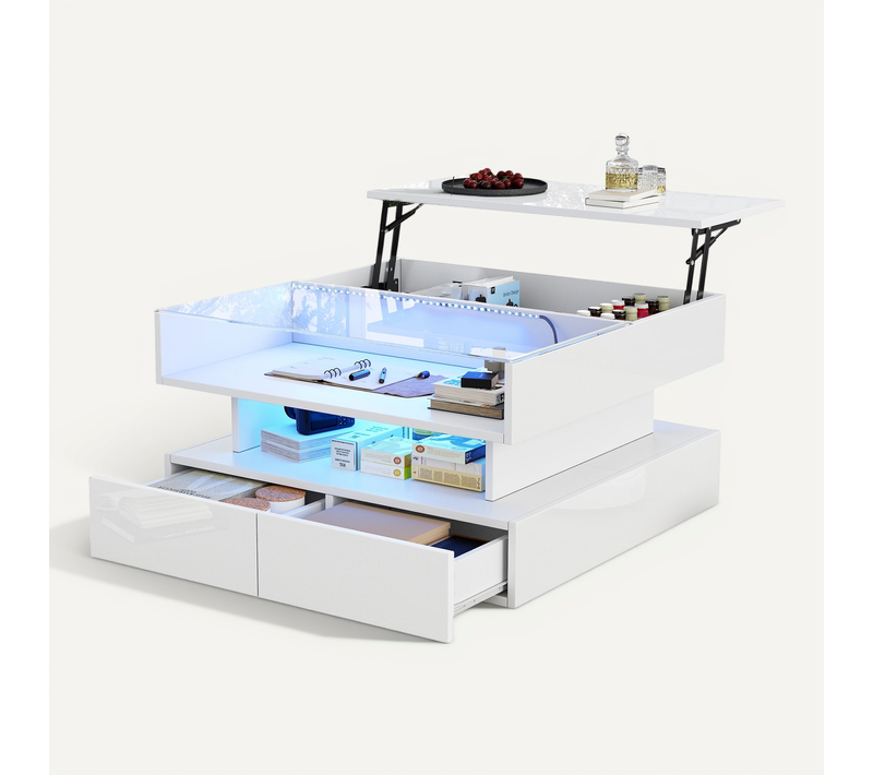 Table Basse Carrée 80x80 Cm Blance Avec LED, Plateau Relevable Et 2 Tiroirs