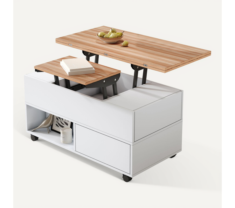 Table Basse Relevable 100x50 Cm Avec 4 Tiroirs Et Roulettes, Blanche Et Bois