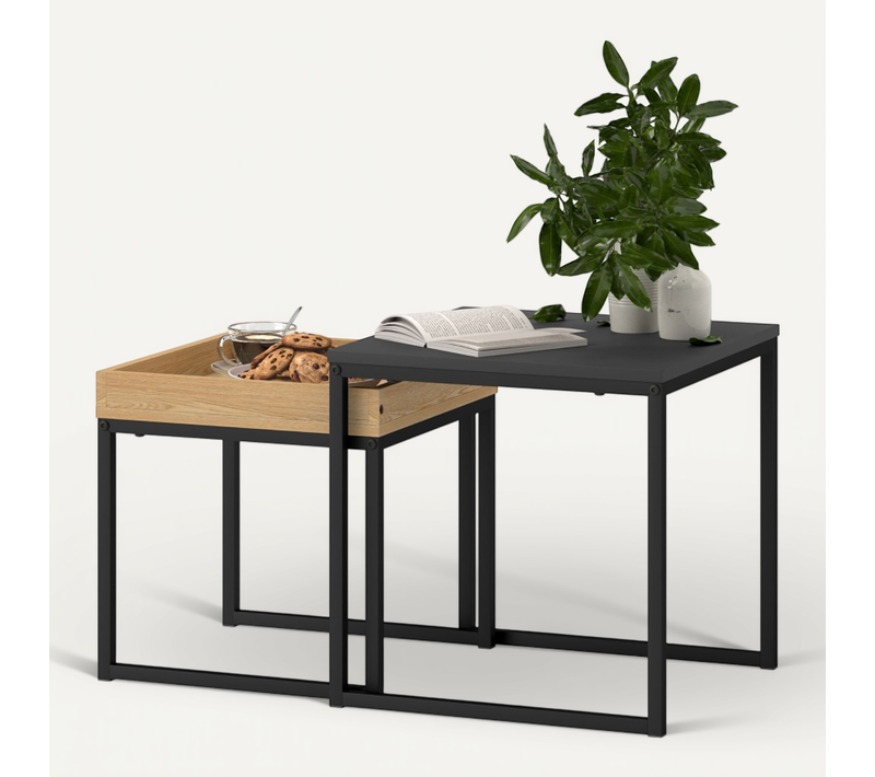 Table Basse Moderne 2 Pièces, Set De 2 Tables Carrées Mdf Et Métal Noir