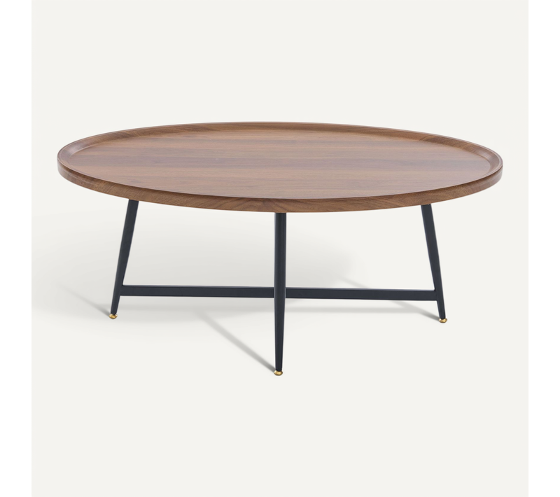 Table Basse Ovale Nordique En Bois Avec Piètement Métal Noir, Design Minimaliste Pour Salon
