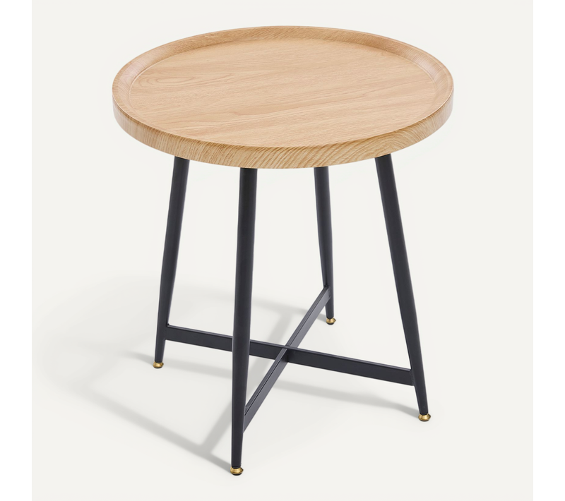 Table D’appoint Ronde Scandinave En Bois Avec Piètement Métal Noir Pour Salon Moderne