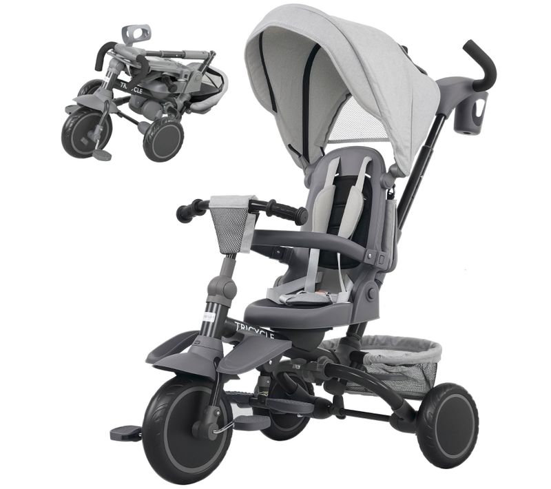 Tricycle 6-en-1 Pour Bébé Avec Siège Réglable, Guidon Et Pliable, Gris